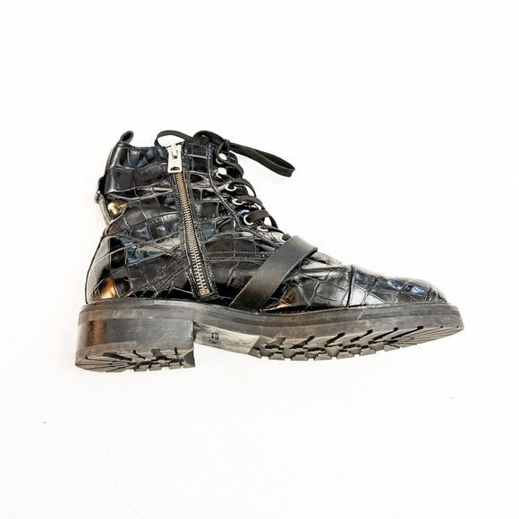 All Saints Donita Combat Boot Black Leather Croc Embossed Size 40 - Picture 2 of 7